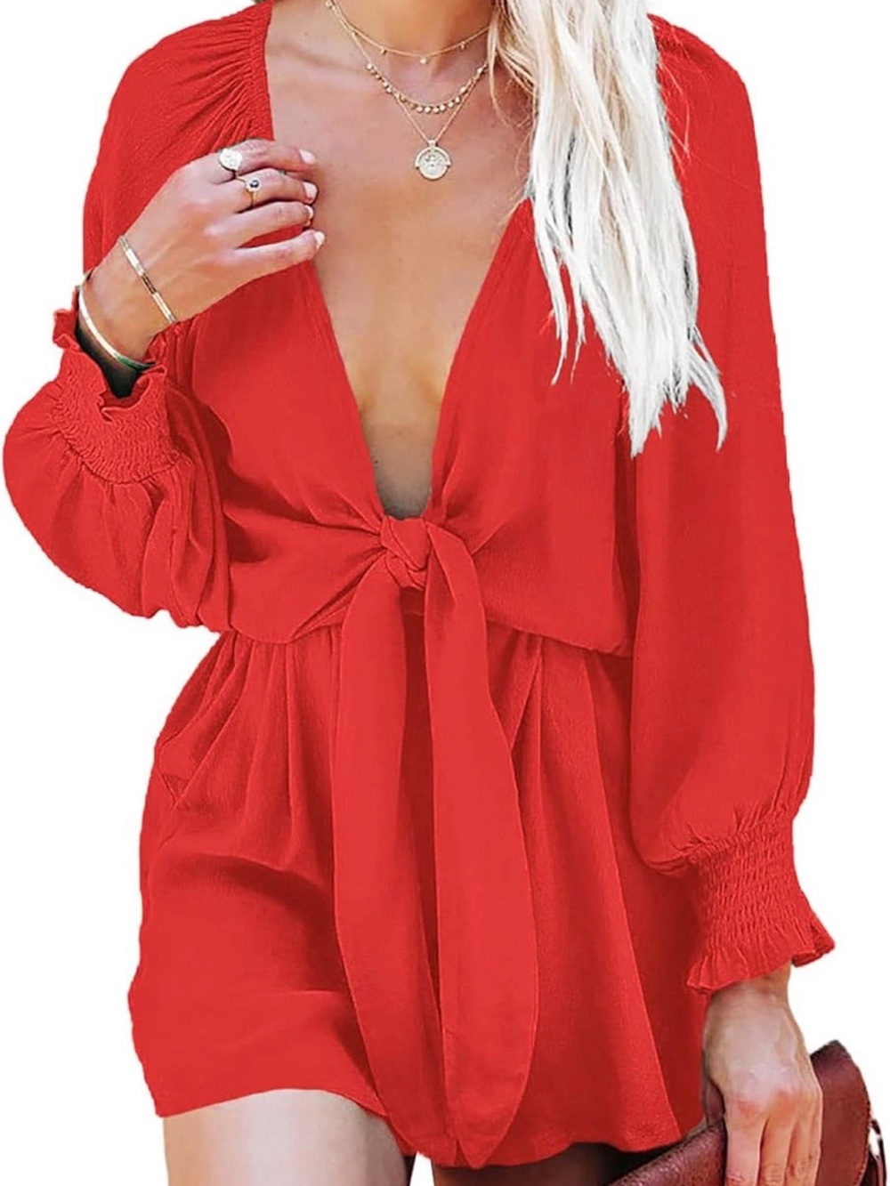 Long Sleeve Deep V Red Women’s Romper